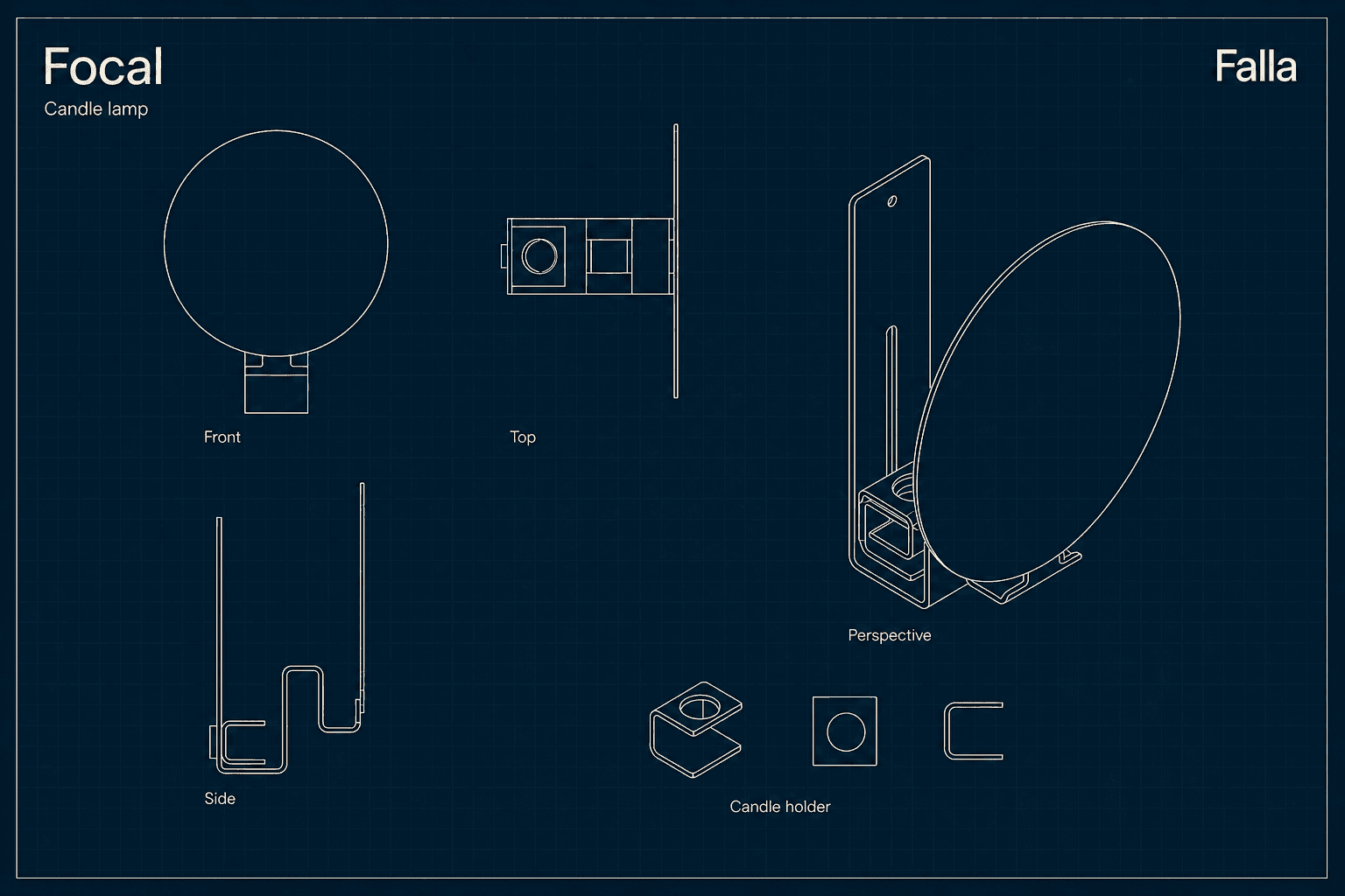 Focal candle lamp blueprint with front, top, side and perspective views, plus three views of the candle holder, drawn in ivory on dark blue.