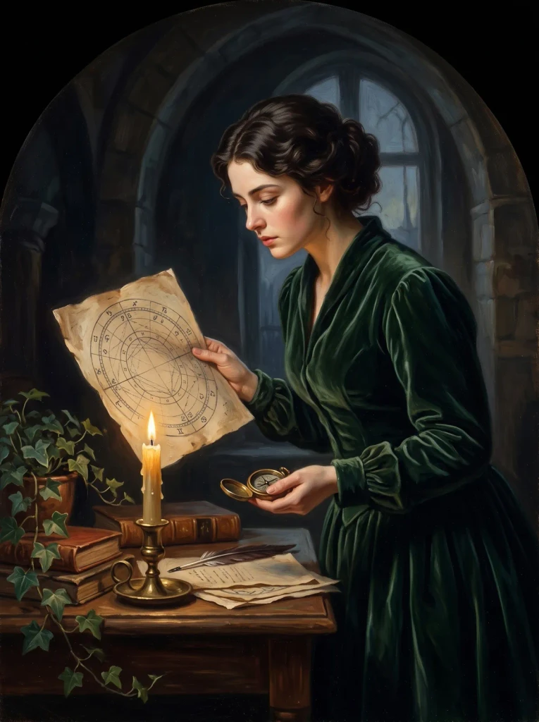A woman studying a hand-painted birth chart by candlelight