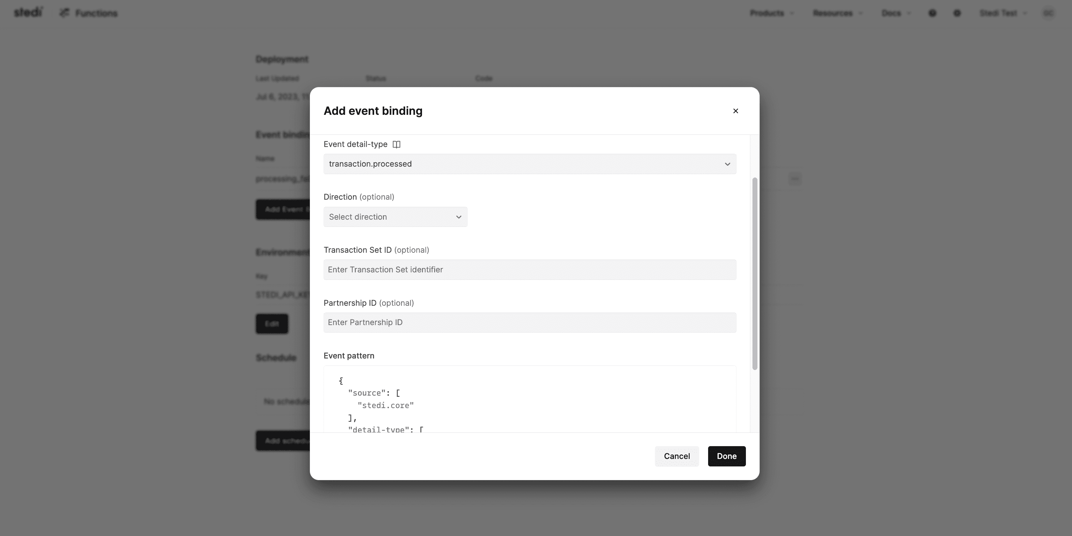 Create event binding in Functions UI