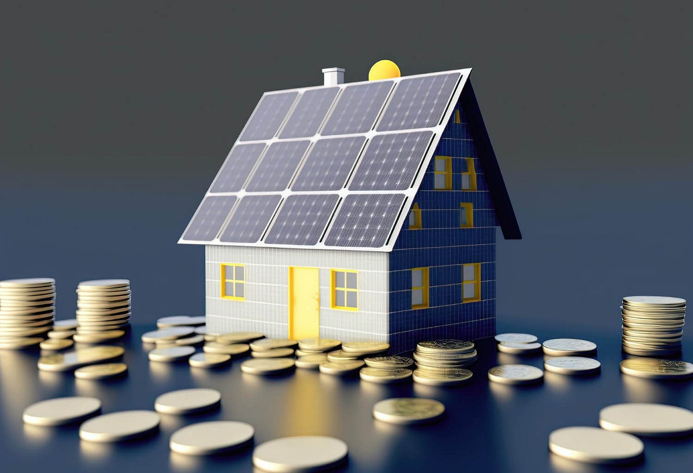 Solar panel house with money sorrounding it