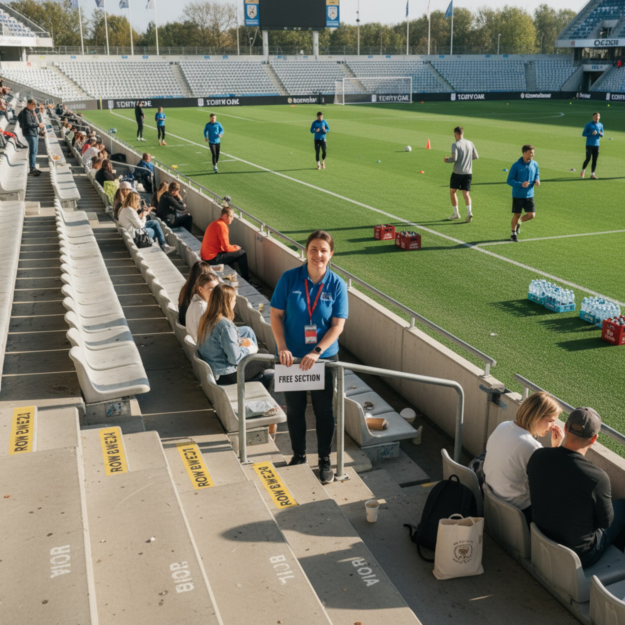 Eine Tribüne im Tageslicht mit nummerierten Reihen und klar sichtbaren Blockschildern. Ein Ordner hängt ein Schild um, das einen Bereich als frei kennzeichnet. Auf dem Spielfeld wärmen sich Athleten auf, während die ersten Zuschauer ihre Plätze einnehmen und sich umsehen.
