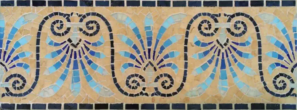 Roman Palmette mosaic border, Blue palm fans on sand, hand-cut — reference H-32, Mosaiclegs Art Studio