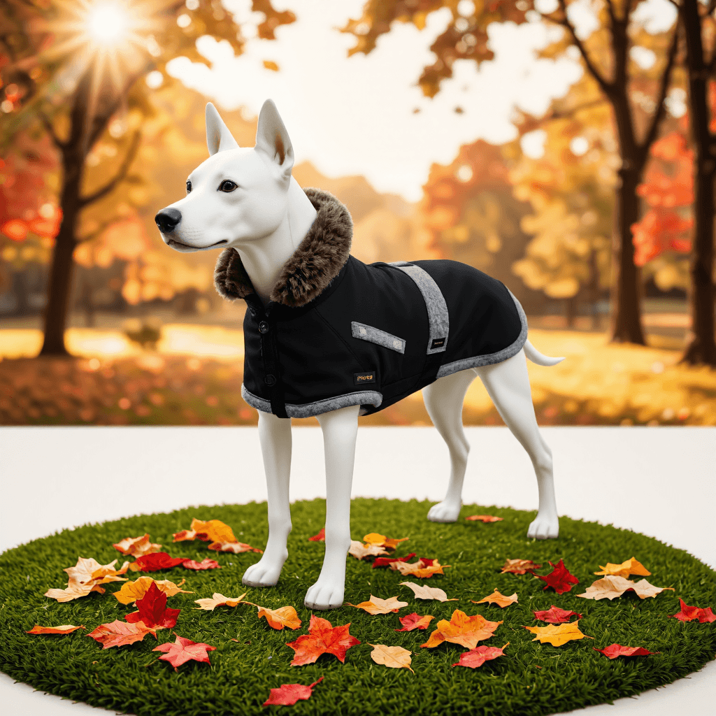 product photography of a dog coat designed for warmth and protection against wind and water
