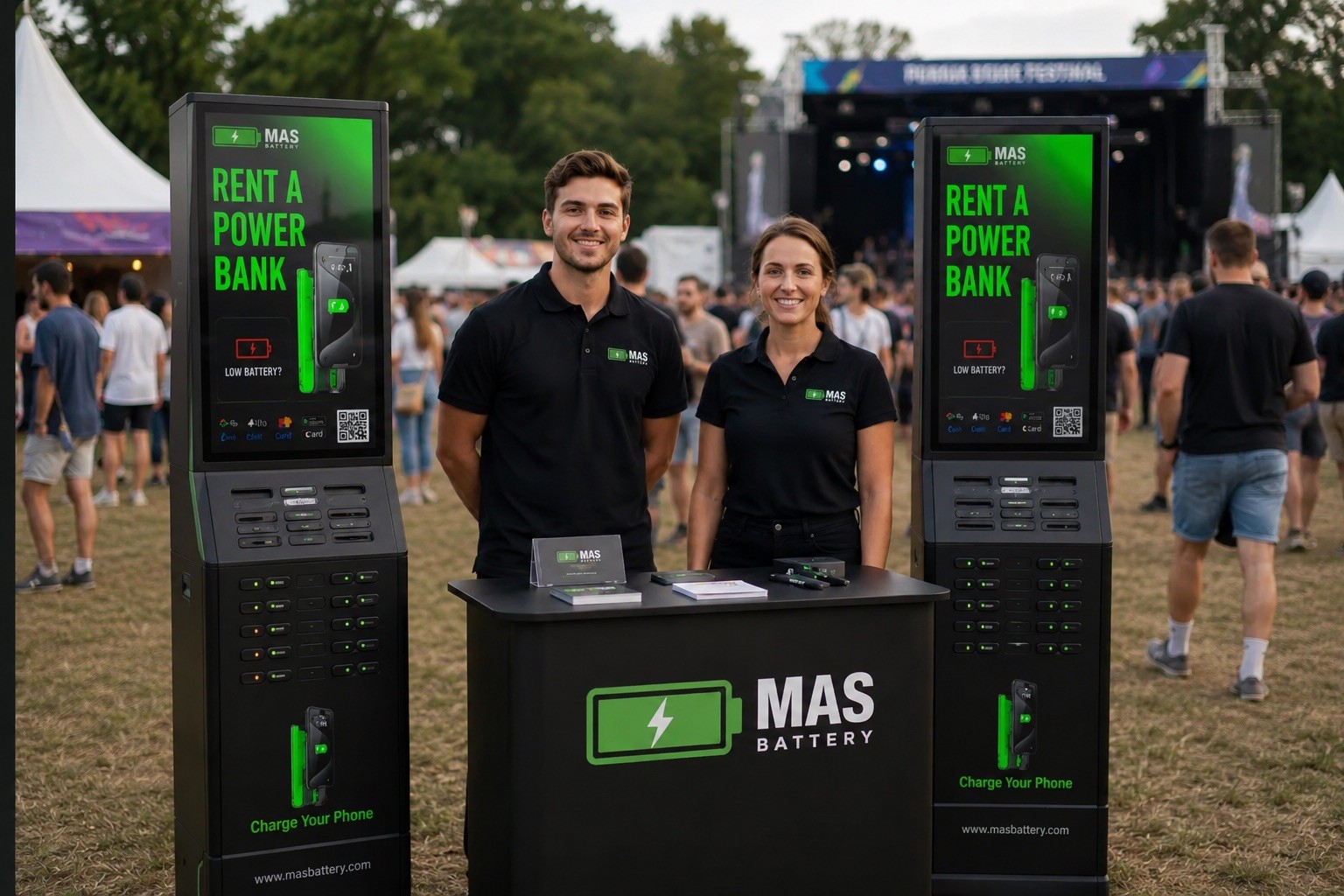 Two MAS Battery representatives in branded black polo shirts smile behind a promotional table between two large battery rental kiosks at an outdoor festival.