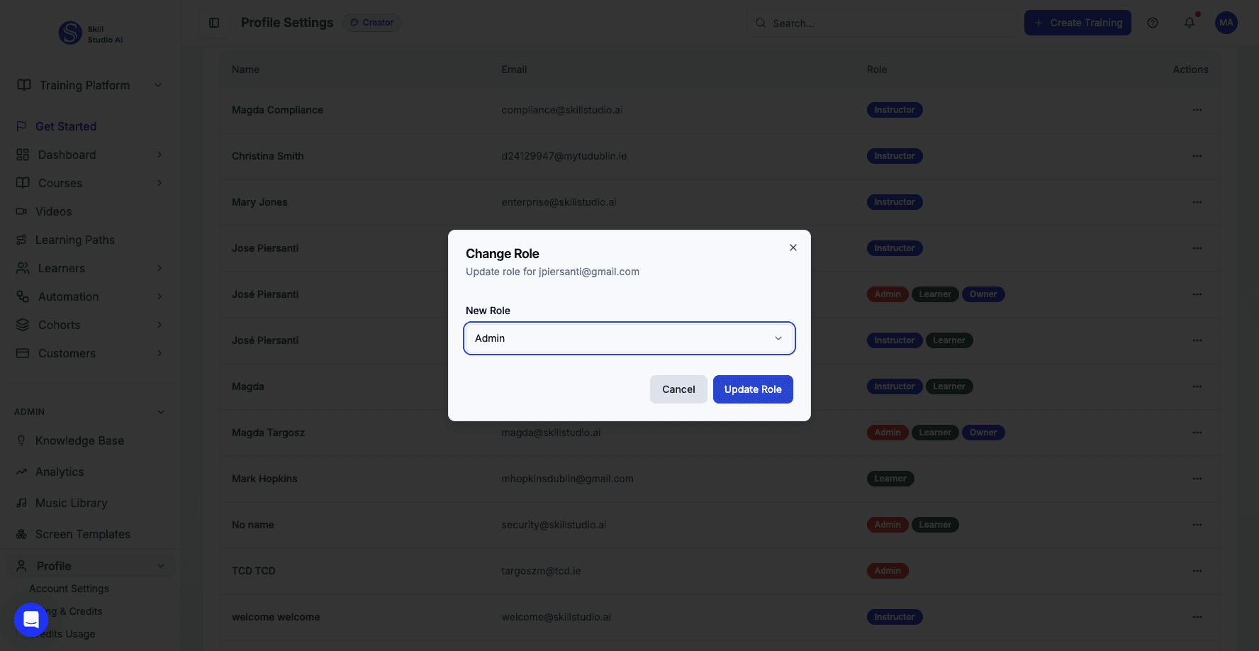 Click Cancel to close the role change dialog without making updates.