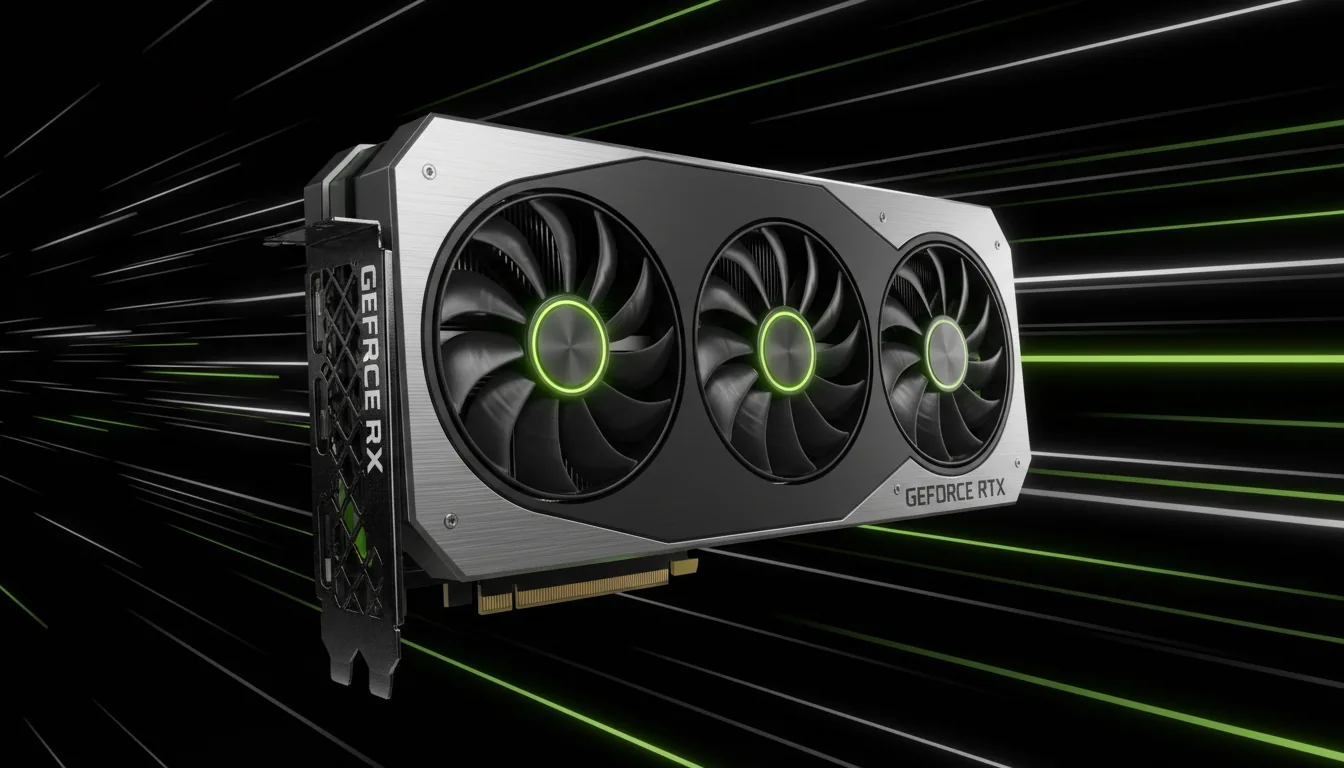 A sleek 3D render of a futuristic Nvidia GeForce RTX graphics card with a matte black casing and a silver brushed-metal frame, shown at a dynamic three-quarter angle. The background is pure black, filled with vibrant lime green and thin white horizontal light streaks creating a powerful sense of high-speed motion blur. The scene is illuminated by cinematic, high-contrast studio lighting, casting sharp specular highlights on the metallic edges and creating a high-performance, technological aesthetic.