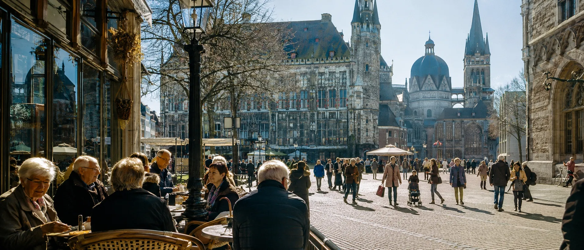 Aachener Marktplatz mit Rathaus, Domspitzen und Straßencafé im Morgenlicht