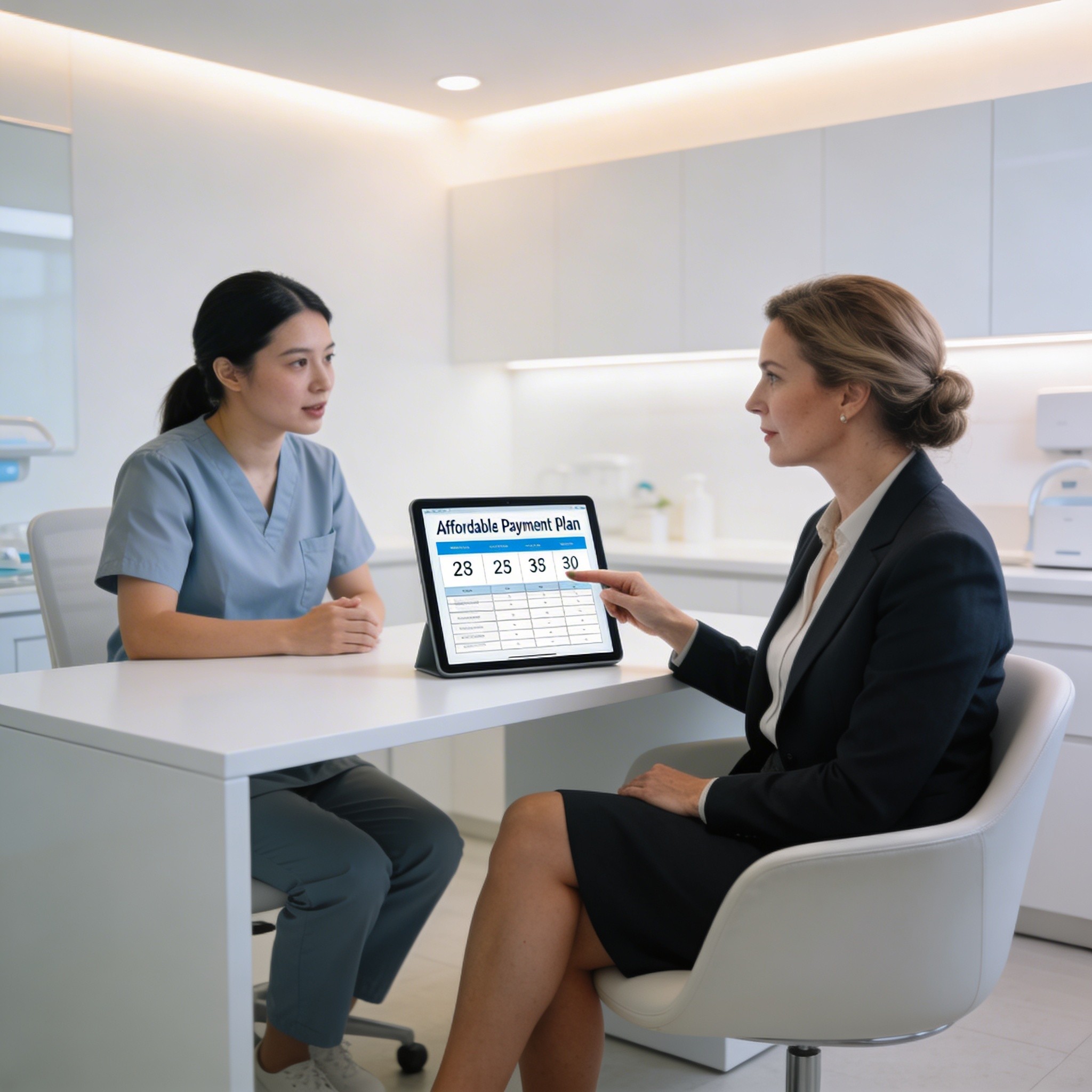 Meadowbrook Dental consultant explaining affordable Invisalign payment plan options to patient in consultation room