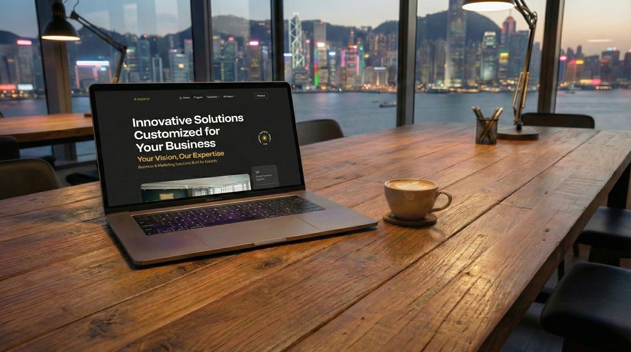 A top-down photograph of a dark wood desk shows an open leather notebook with the word "Growth" handwritten on a page, a pair of tortoiseshell eyeglasses, a cup of cappuccino with latte art, and an iPad displaying a wireframe for an e-commerce website.