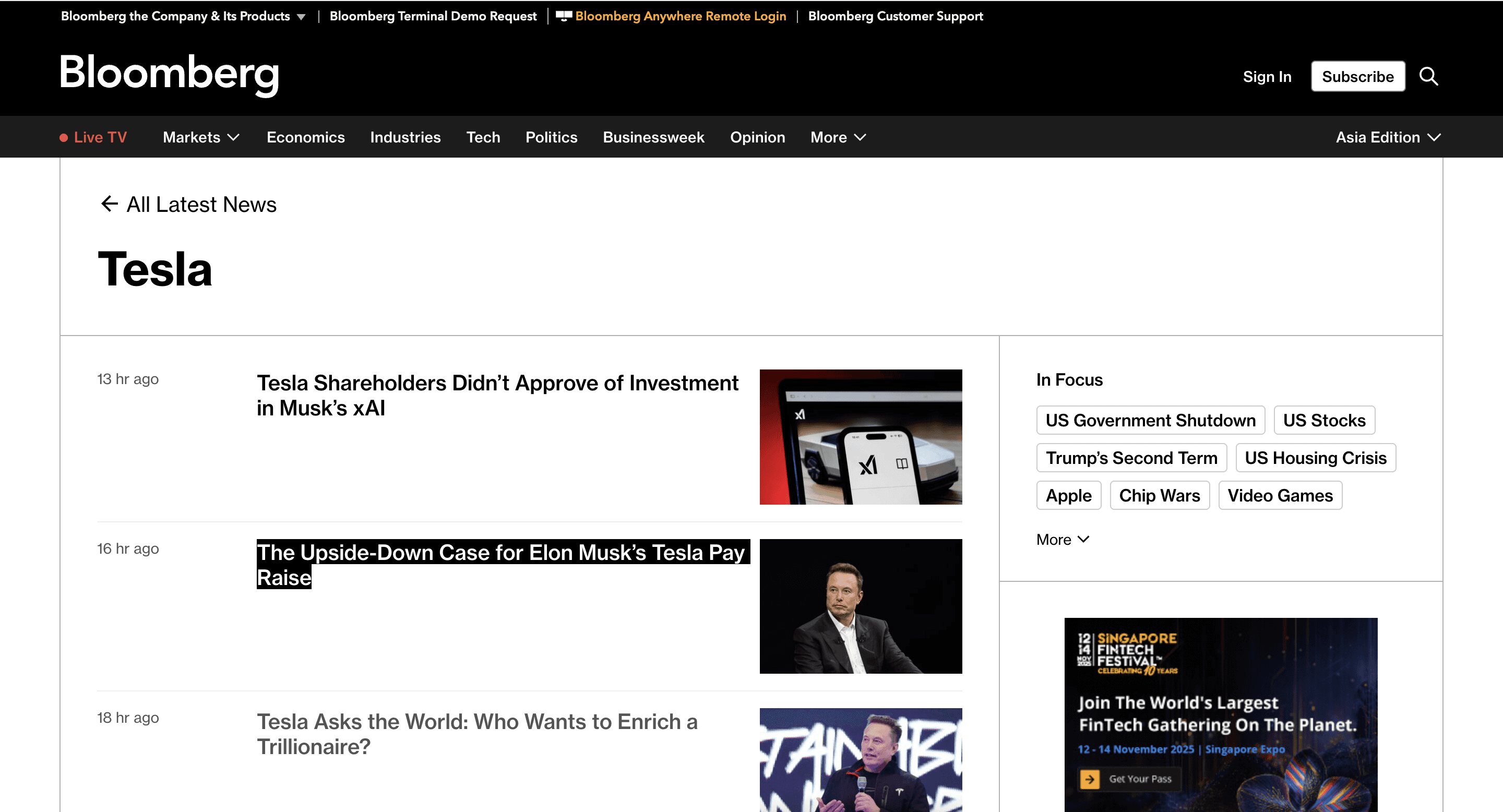Latest news of Tesla on Bloomberg website