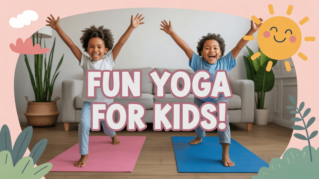 Two smiling children on yoga mats in a sunny room with Fun Yoga for Kids text