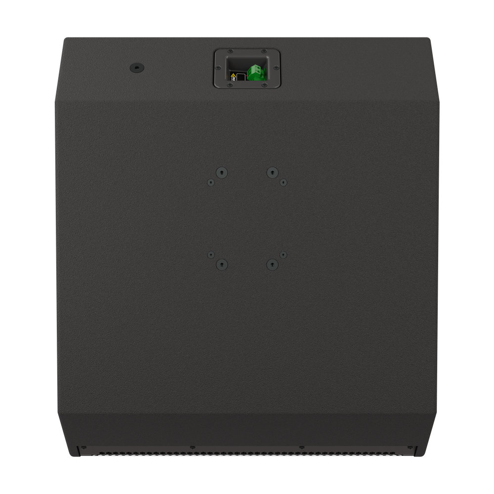 Back of a gray speaker with green connector