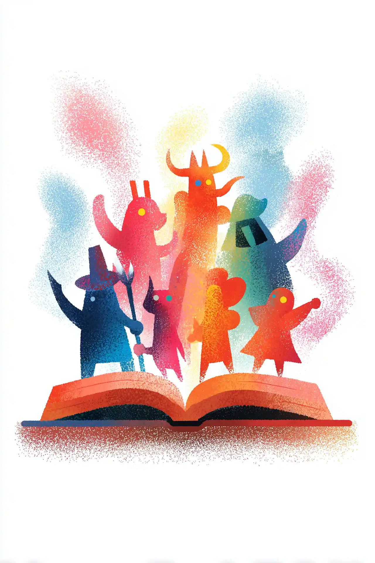 Textured editorial illustration of a cast of fantastical archetypal characters rising from the pages of an open book, rendered in warm reds, oranges, and deep blues against a soft color burst.