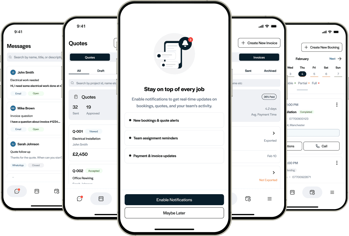 FieldHive dashboard showing quotes, active jobs, and unpaid invoices for trade businesses