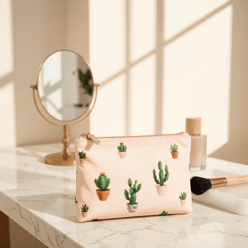 product photography of a small pouch with a cactus pattern, used for storing items