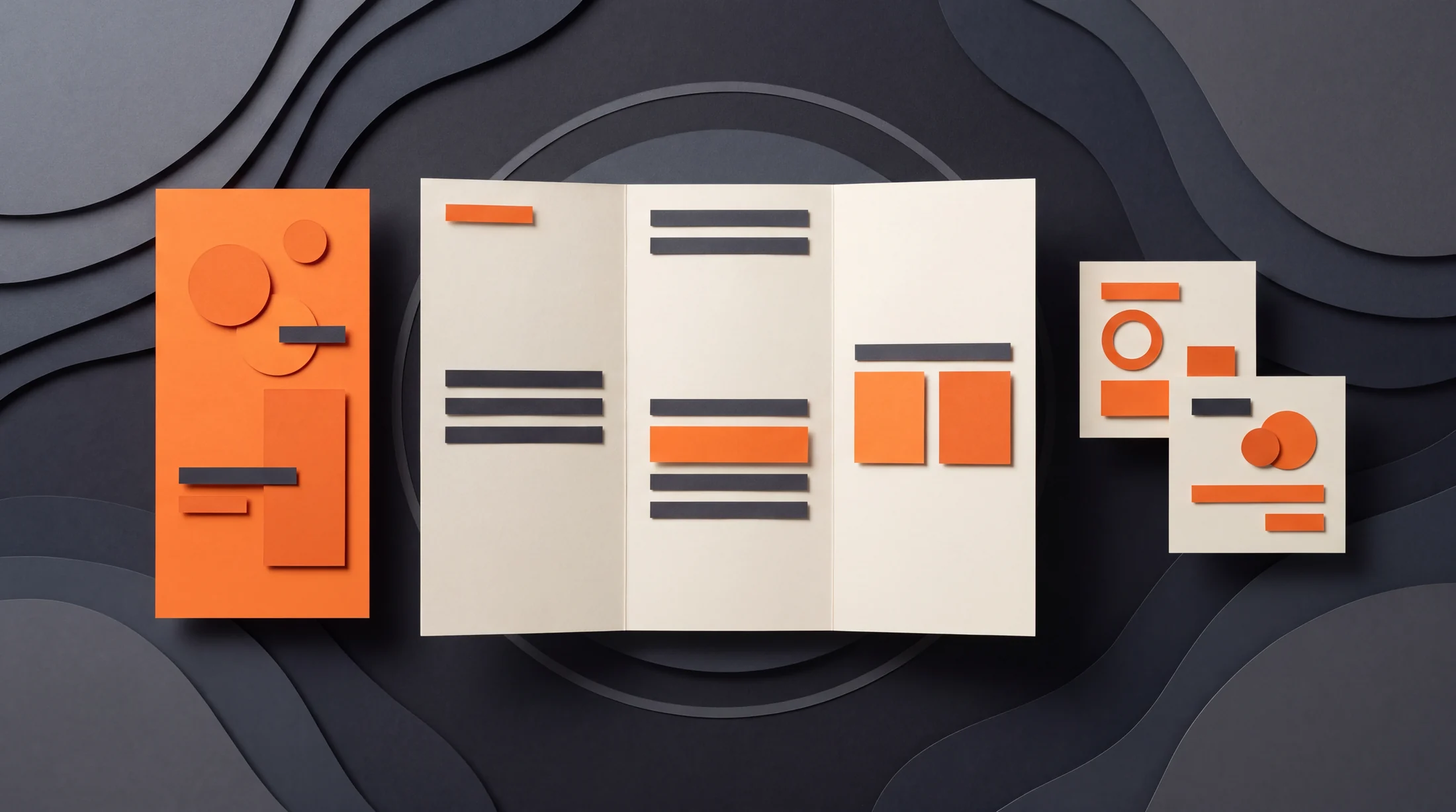 A cream brochure, orange poster and presentation cards display coordinated geometric layouts, illustrating graphic design for print and digital.