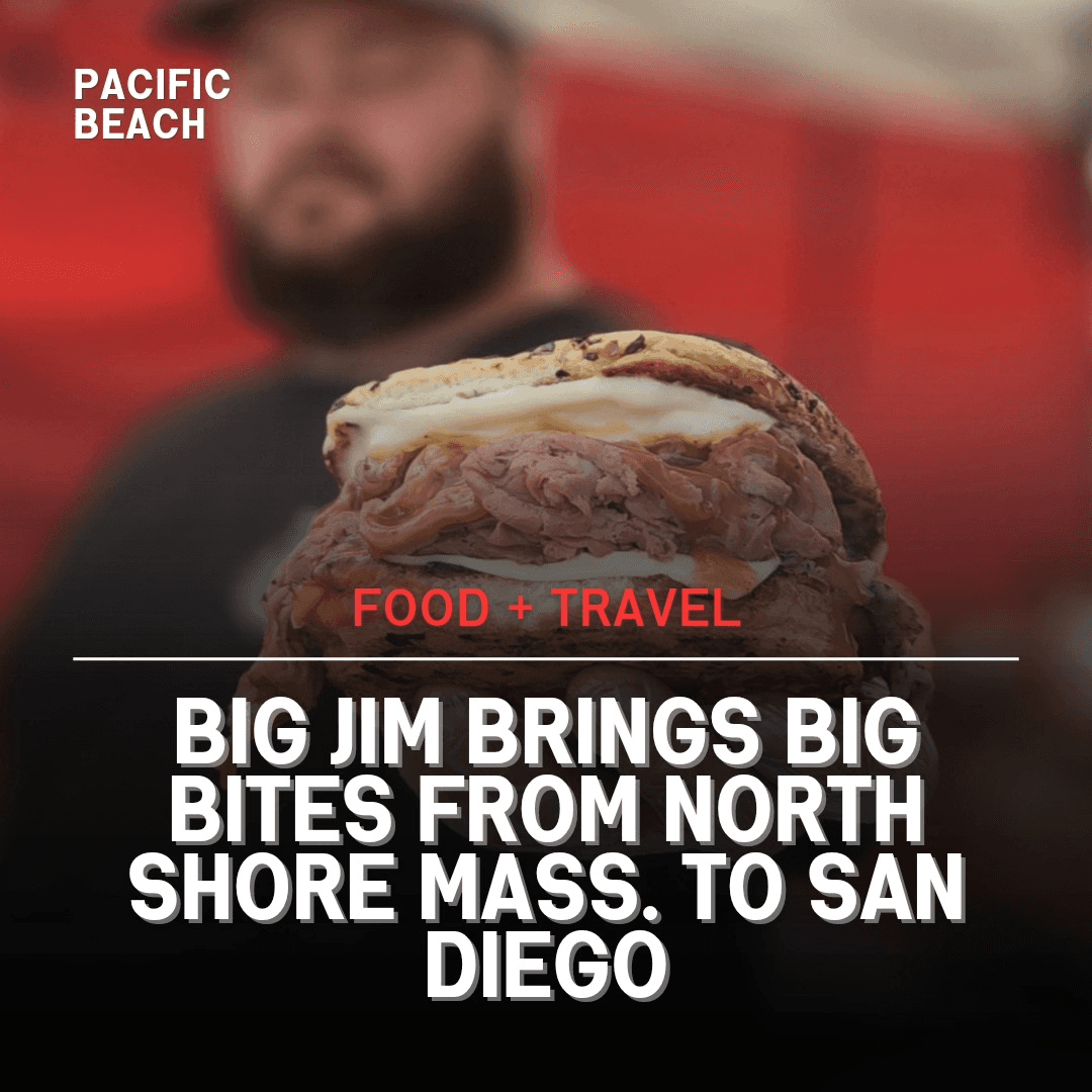 News headline banner of Big Jim's Roast Beef headling "Big Jim Brings Big Bites from North Shore Massachusetts to San Diego."