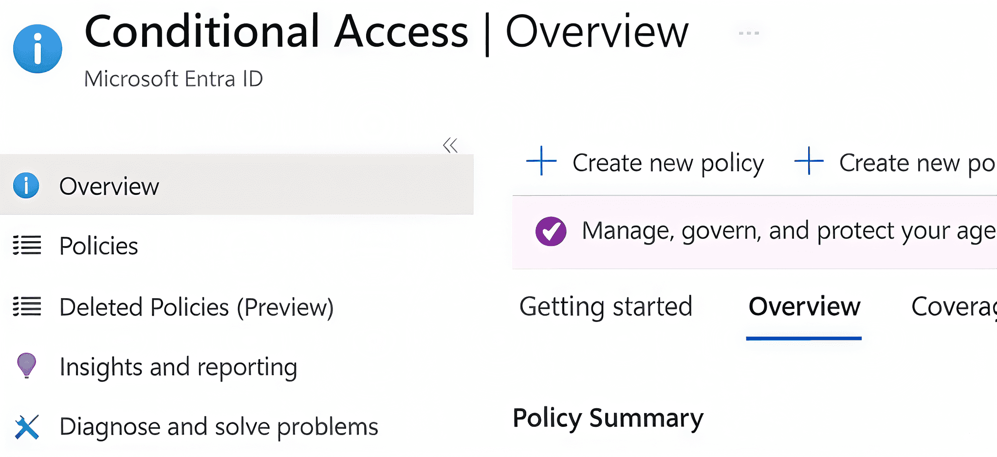 Microsoft Entra ID Conditional Access overview page for managing security policies and access controls.