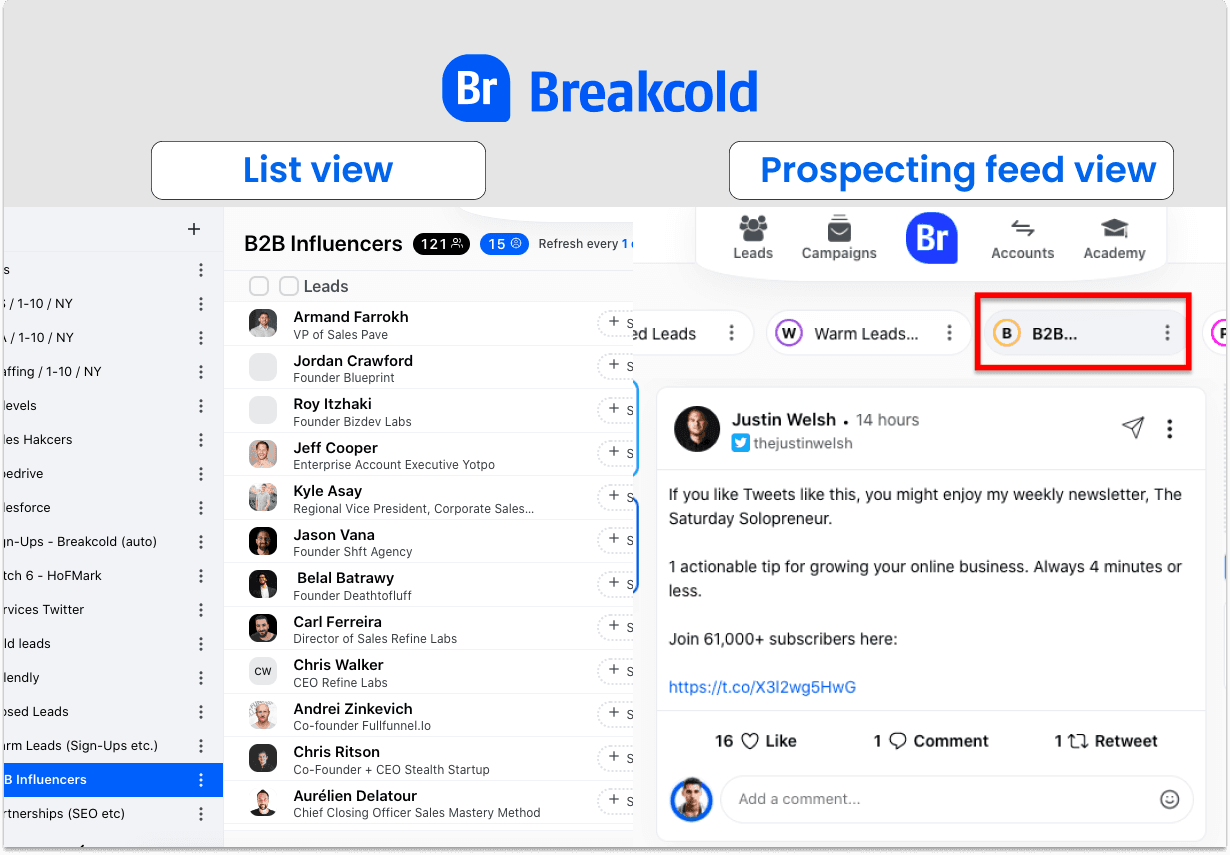 Social Selling Software List View vs Prospecting Feed | Breakcold