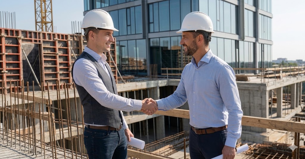 two men facing each other while shake hands and smiling