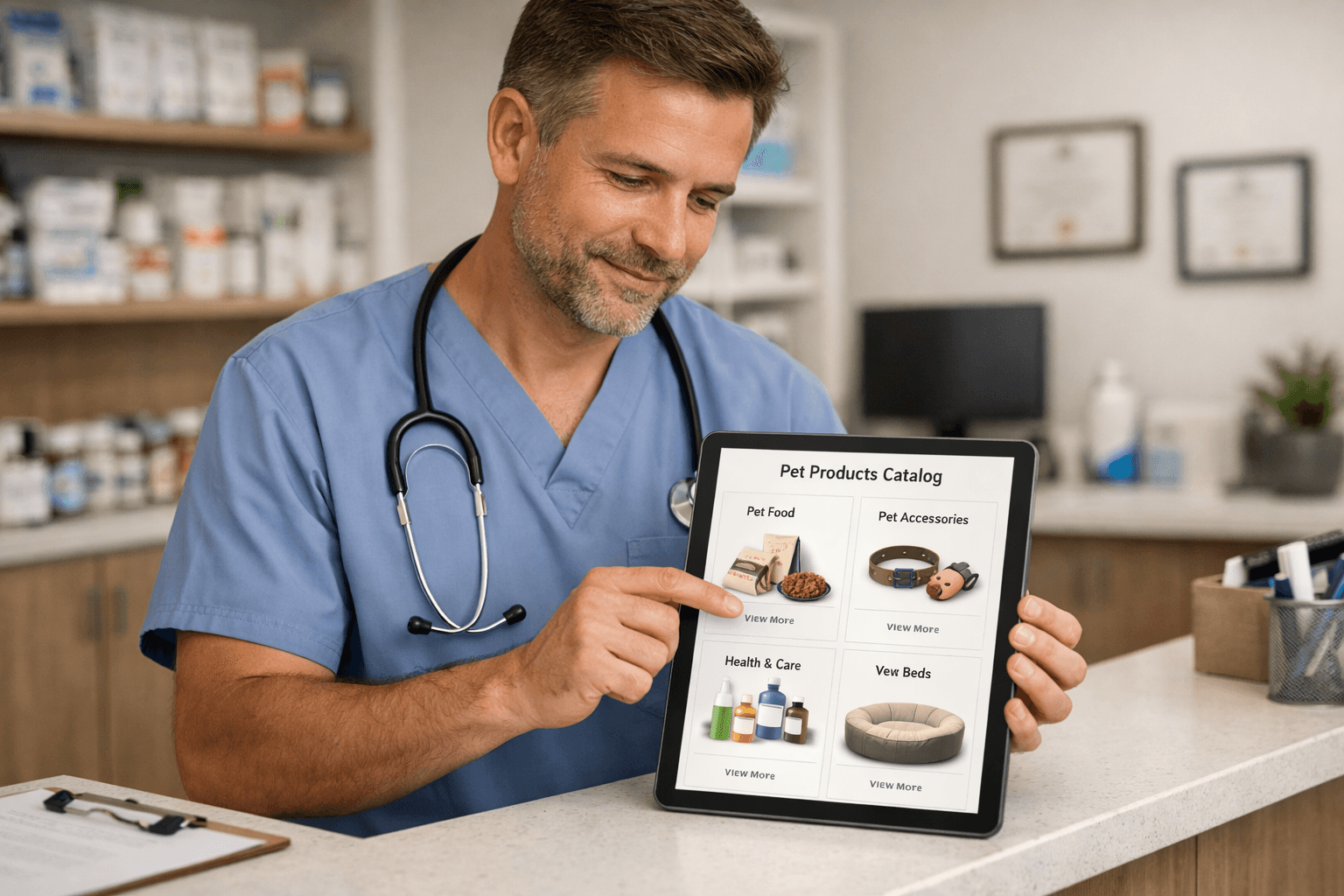 Veterinário em clínica navegando em catálogo digital de produtos pet no tablet, representando compra B2B e gestão moderna de pedidos para clínicas veterinárias.