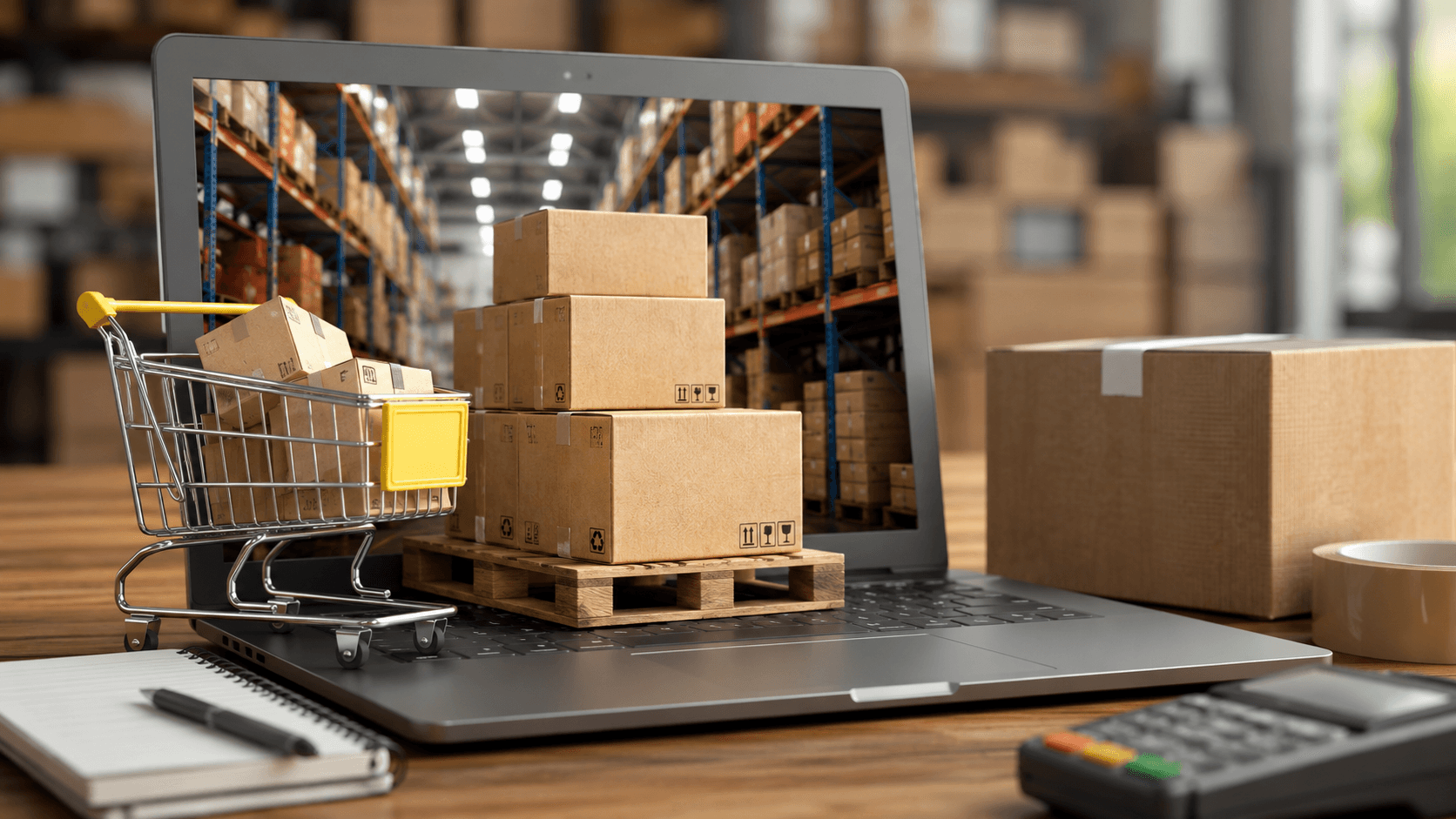 Imagem 16:9 em estilo realista 3D mostrando um ambiente moderno de operação B2B. Um notebook aberto sobre uma mesa industrial exibe um sistema de ecommerce conectado a um centro logístico ao fundo, com prateleiras organizadas, caixas, carrinho de compras metálico e materiais de expedição integrados de forma natural na cena. A composição transmite organização, implantação de ecommerce, operação de pedidos e logística de distribuidoras. Iluminação cinematográfica suave, profundidade de campo realista, sem pessoas, sem textos e sem divisão na imagem.