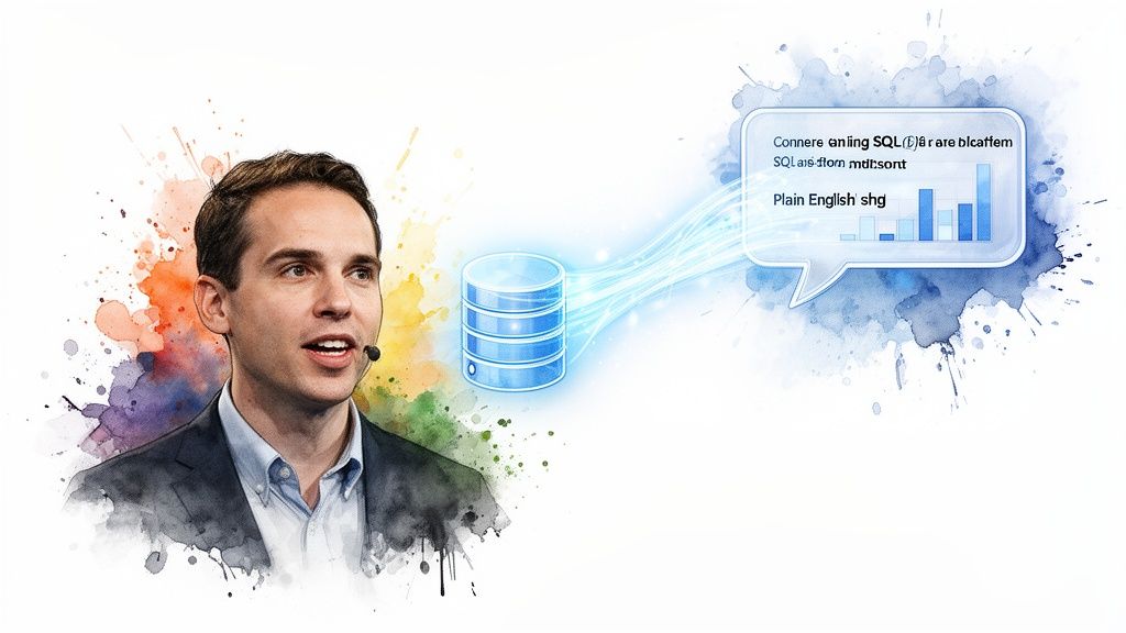 A man speaks into a microphone, visualizing data from a database with a speech bubble showing a bar chart.