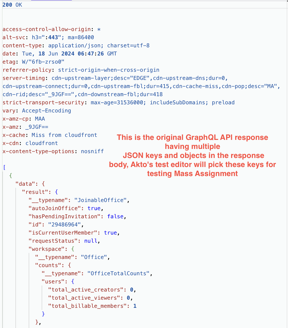 This is the original GraphQL API response containing multiple JSON keys and objects. Akto's test editor will use these keys to test for Mass Assignment vulnerabilities.