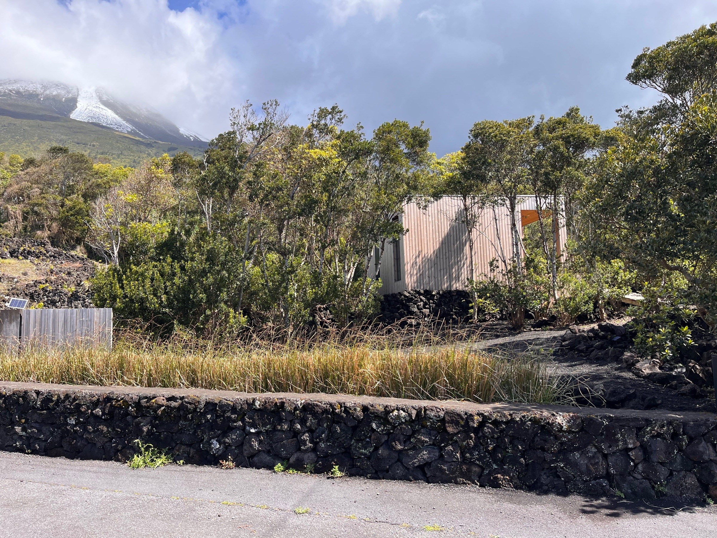 View of the lodge from the access road on the south side, with the driveway in the foreground and Pico Mountain in the background