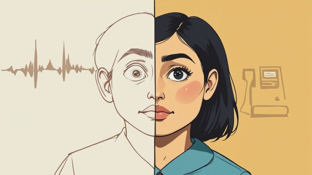 A visual representation of sound waves turning into a human face, depicting voice cloning.