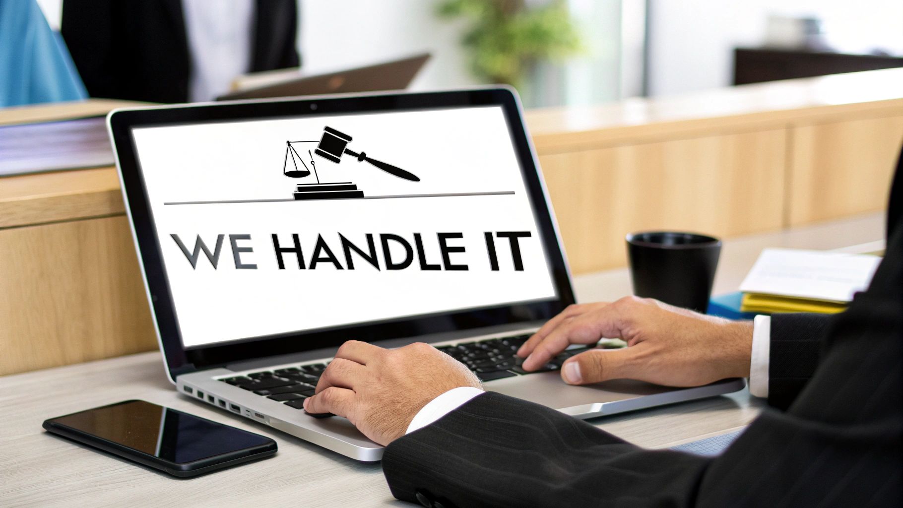 An attorney and client review documents together in a professional office setting.