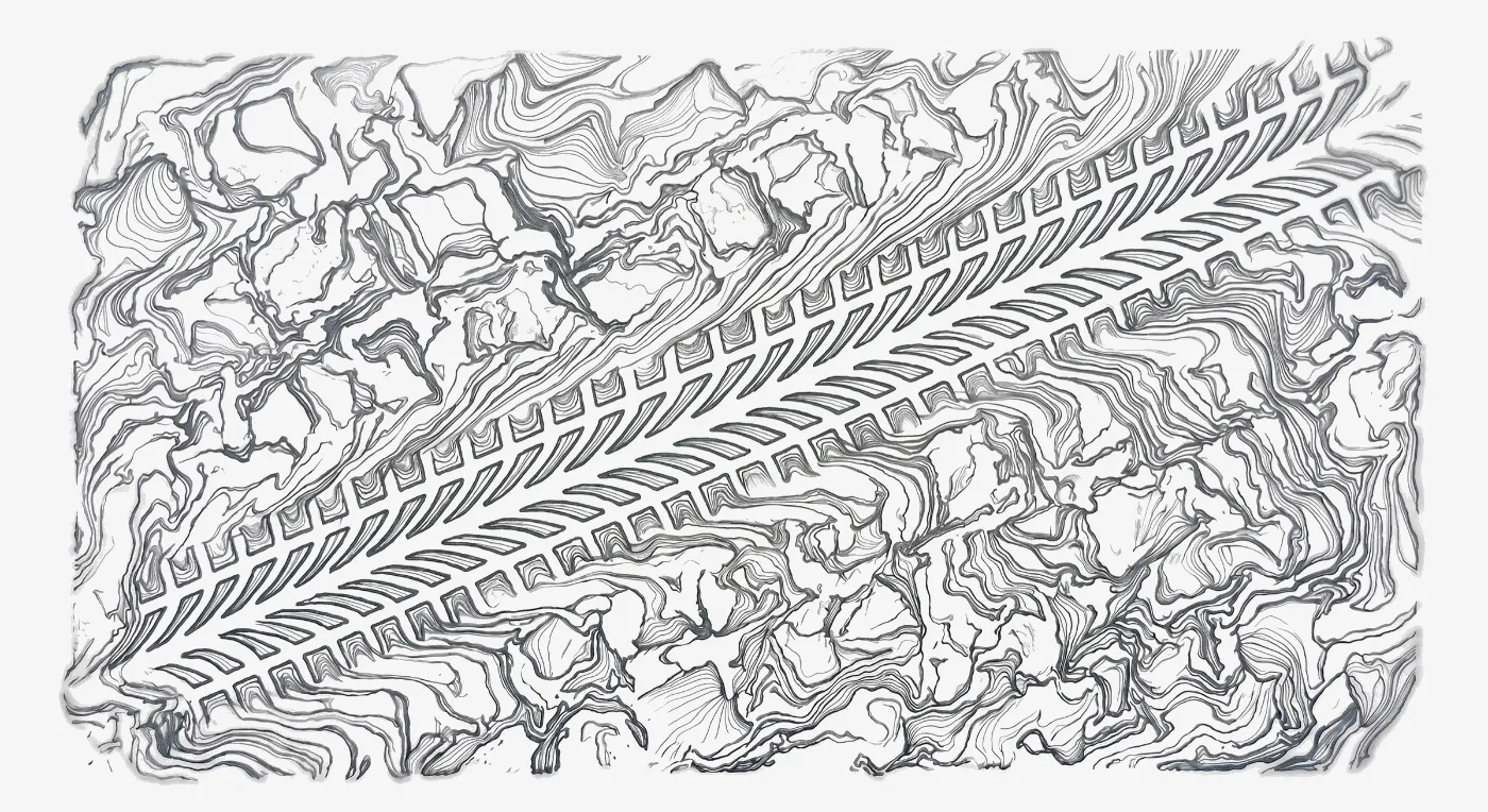 Ink drawing: a bicycle tire print runs diagonally across a field of floated-ink contours, the tread lugs and chevrons pressed into ground that flows around them.