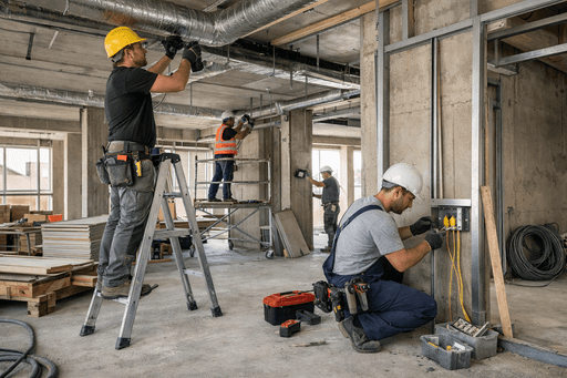 Bauarbeiter installieren elektrische Leitungen und Lüftungen in einem Gebäude.