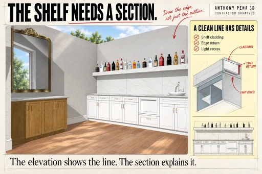 Bar cover showing a long shelf above white base cabinets beside a wood cabinet and mirror.