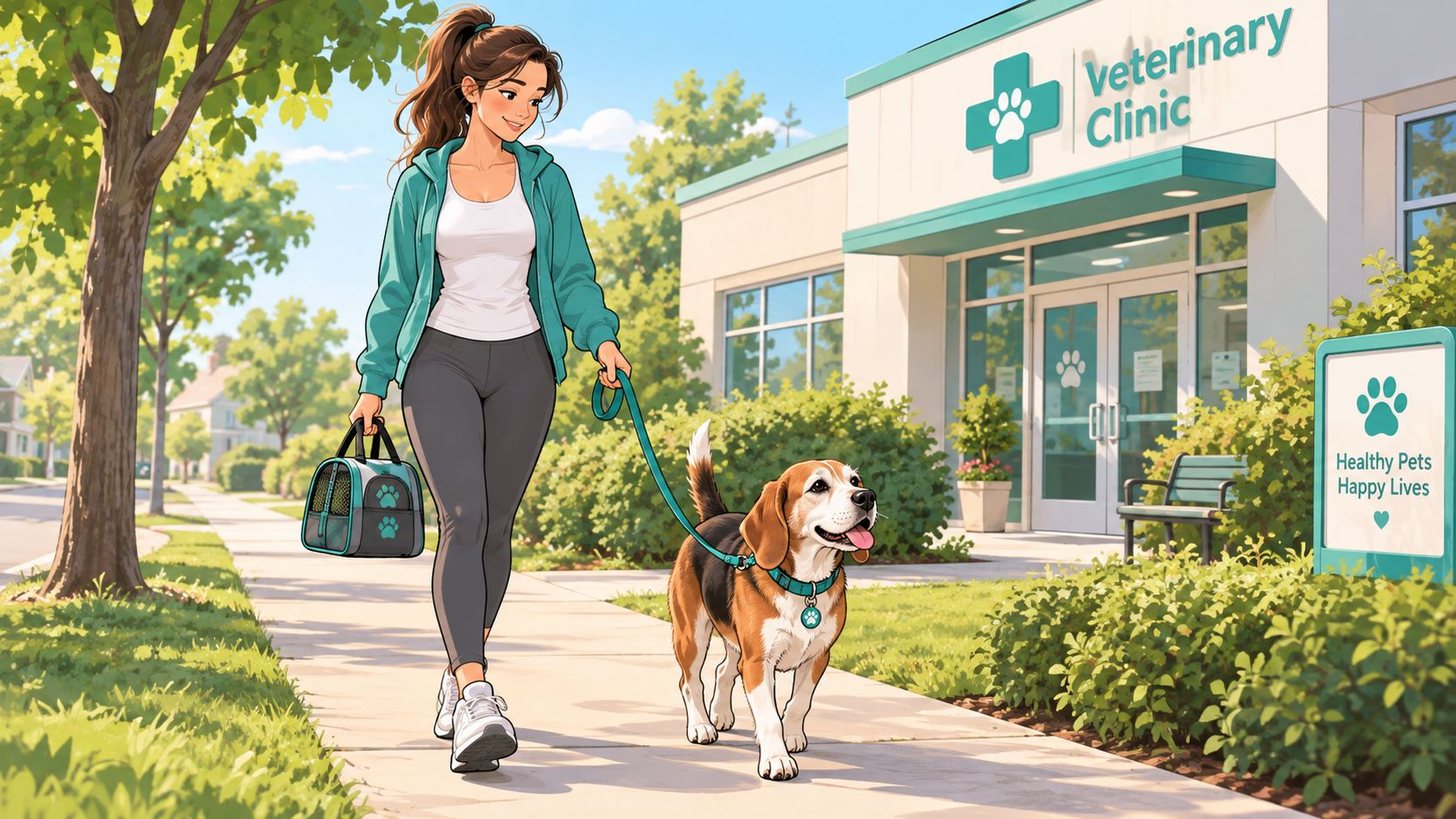 A woman walks her happy beagle towards a bright and welcoming veterinary clinic with a pet carrier.