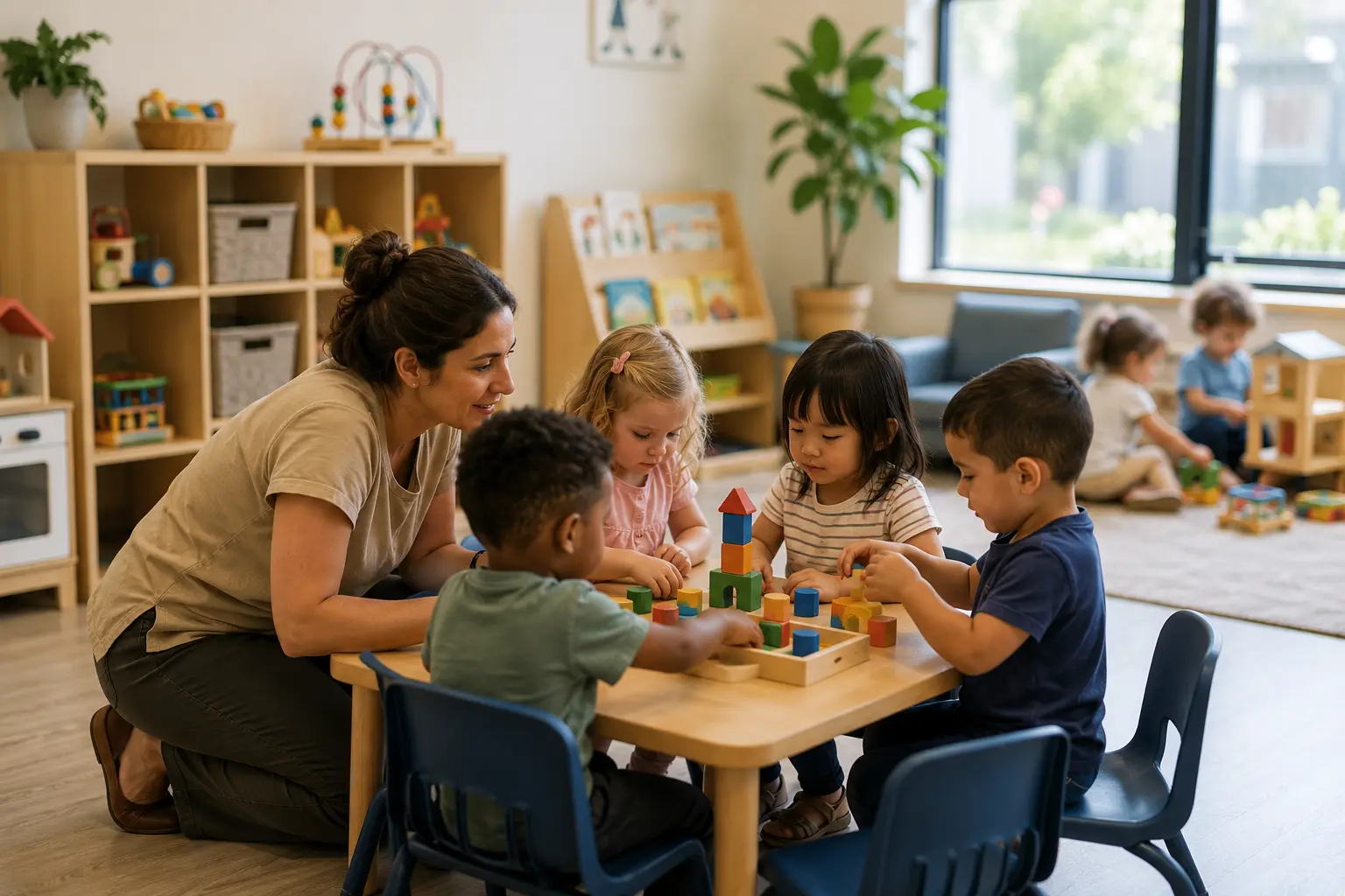 a woman kneels by a table of four small children