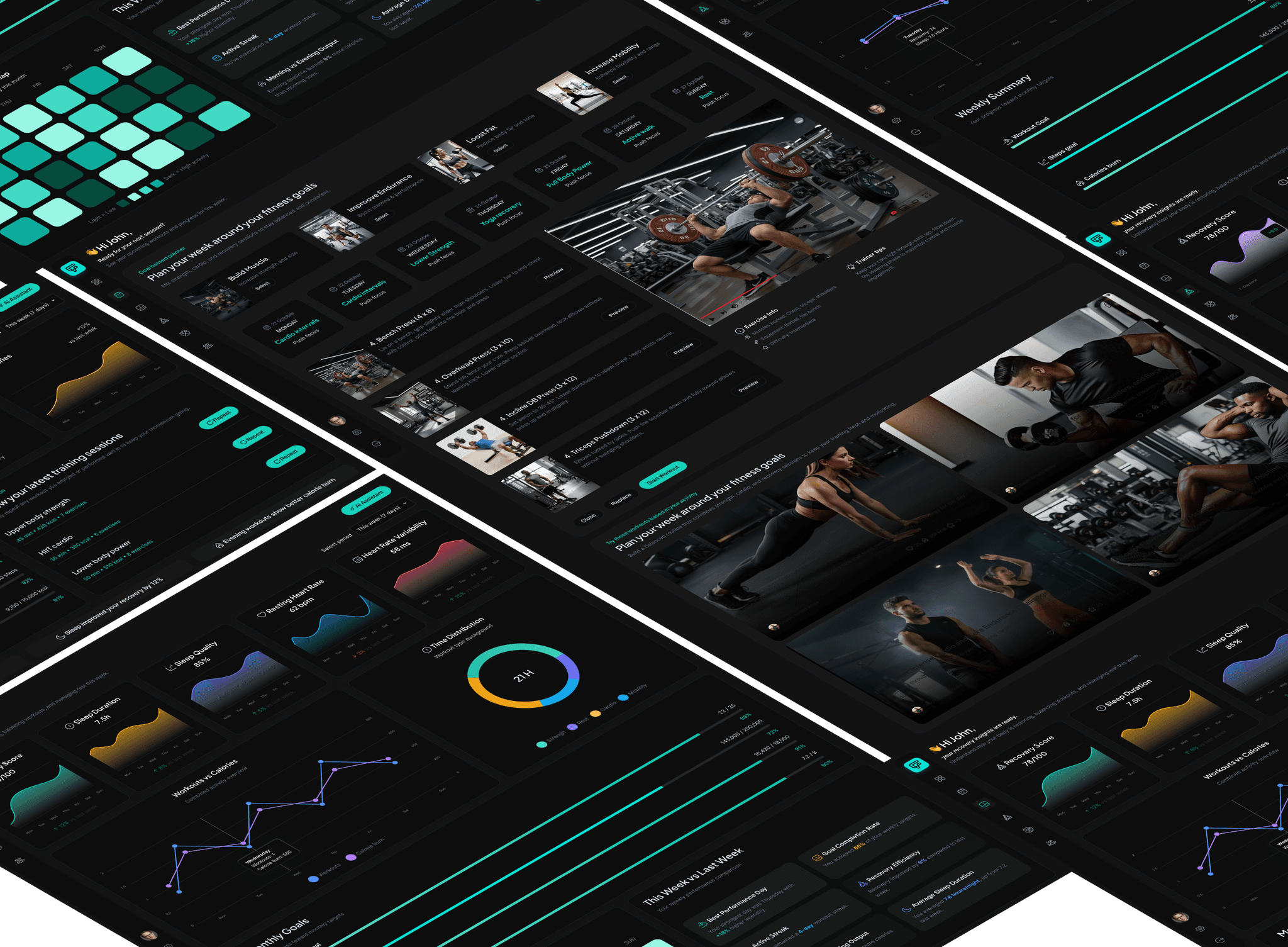 Collage of Forma Fitness Dashboard screens in dark mode showcasing workout planning, analytics, recovery insights, and fitness programs arranged in a 3D angled grid layout