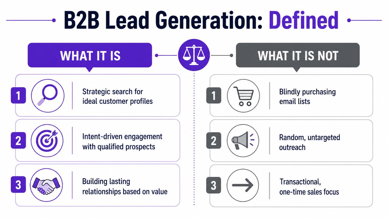 A comparison chart outlining what B2B lead generation is and what it is not for business growth.