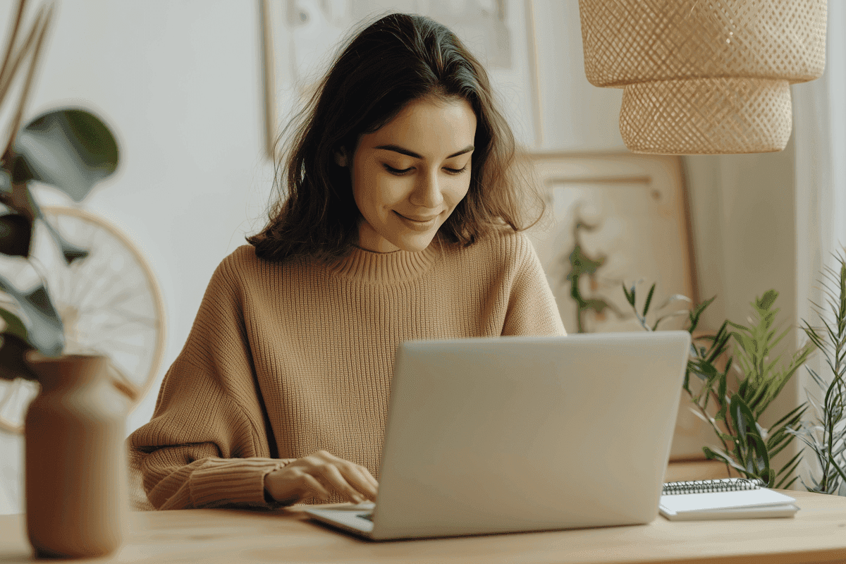 Woman in beige sweater smiling while working on laptop