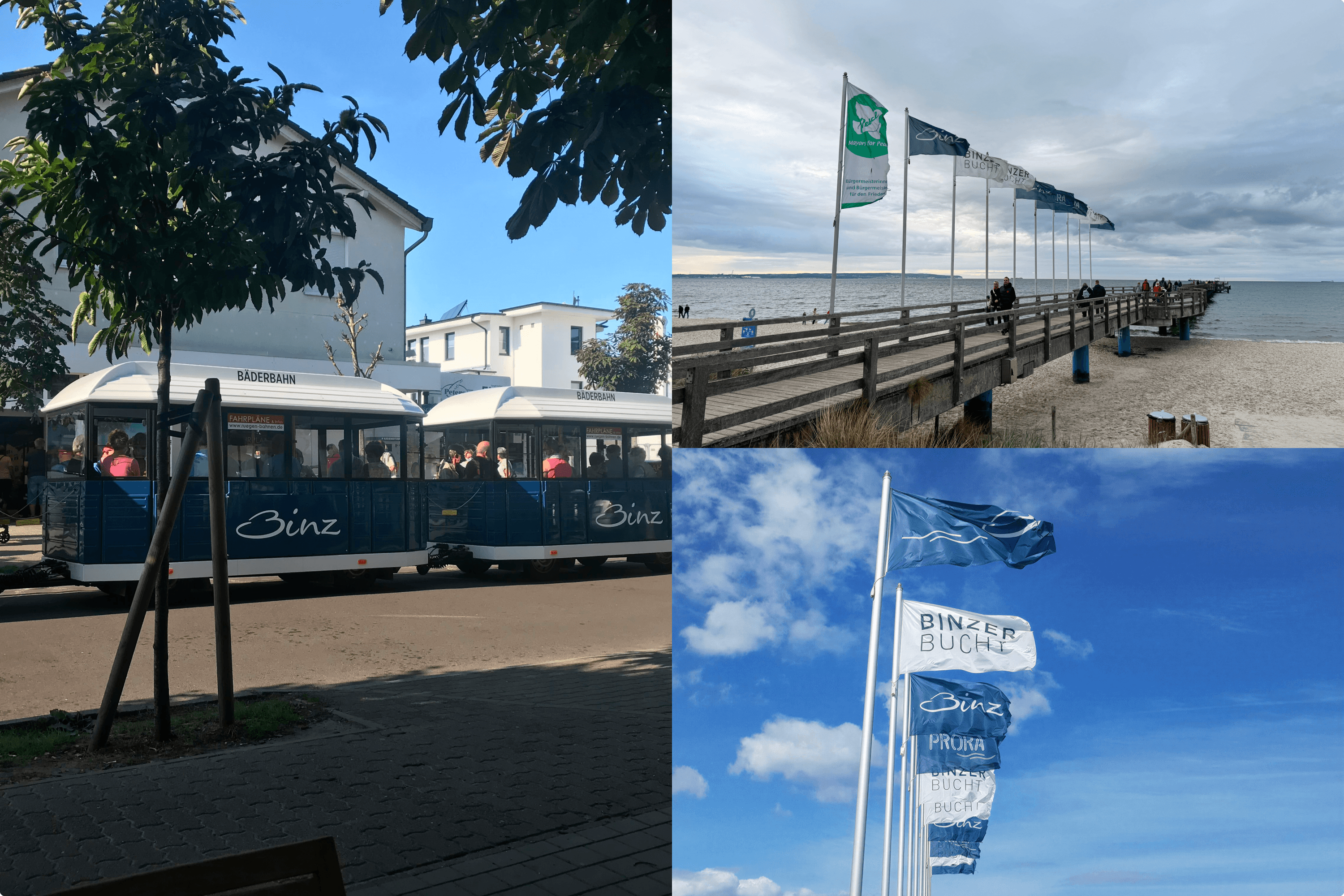 Binz resort sights: train, pier, flags.