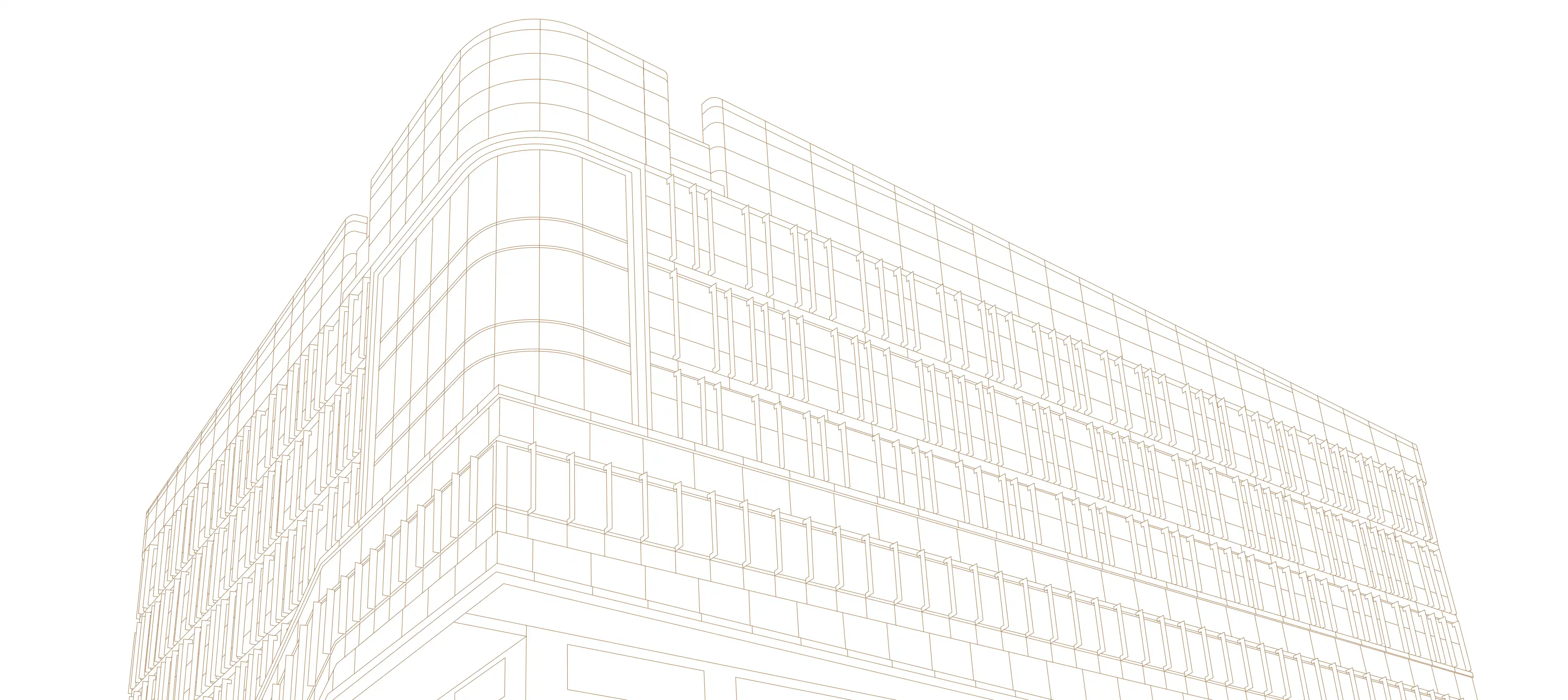 HKU School of Chinese Medicine campus building illustration – minimalist line drawing of modern curved glass facade architecture by Teatime Studio.