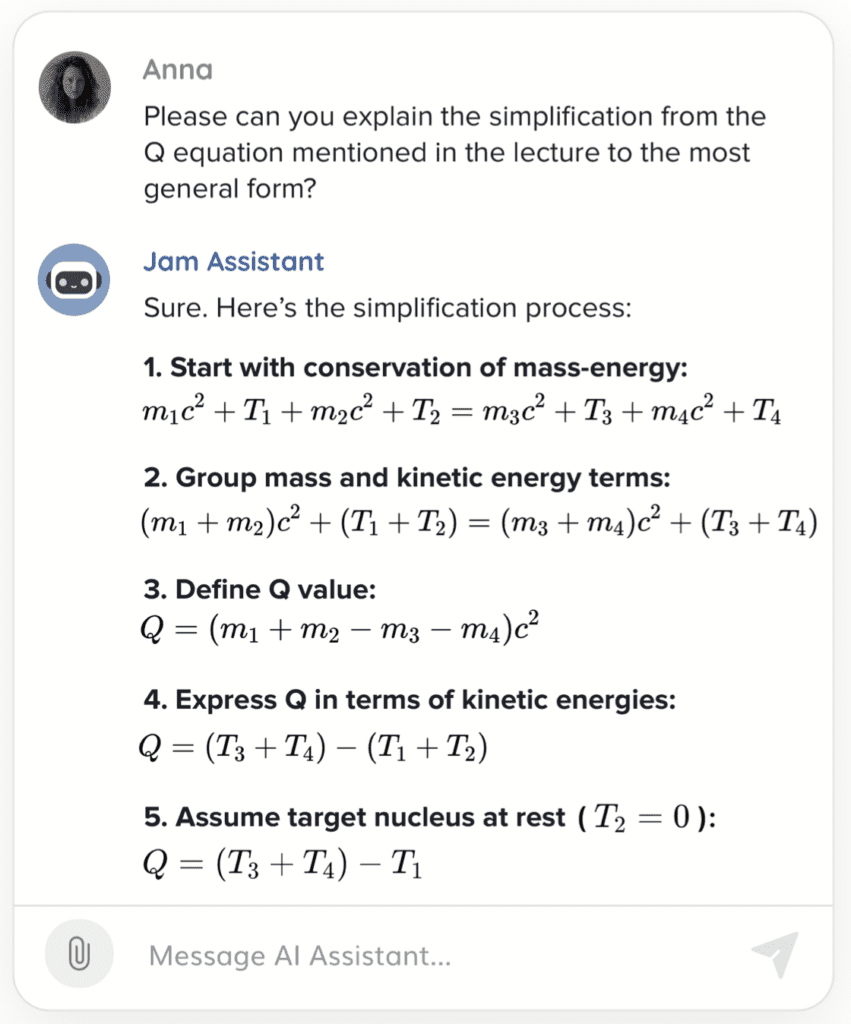A screenshot of the Jamworks Personal Tutor explaining a STEM equation step by step