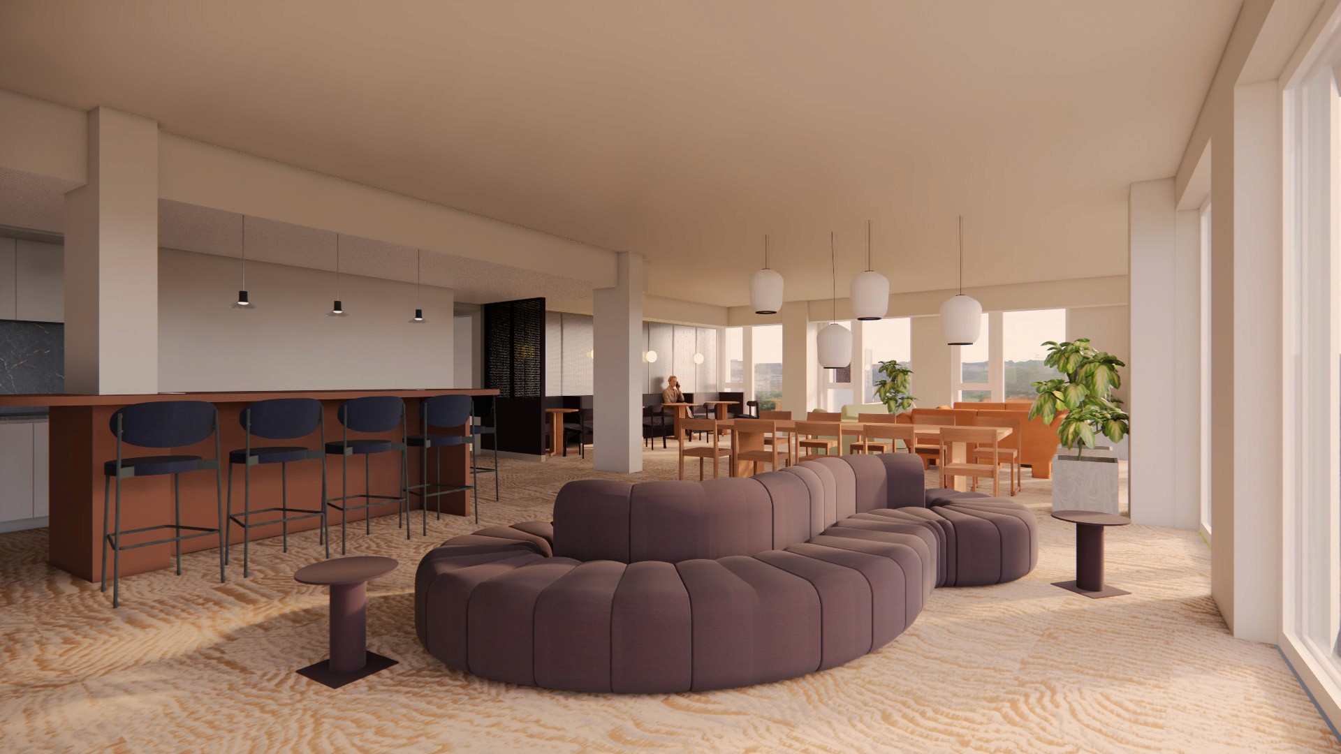 Open-Space-Büro mit flexiblen Raumstrukturen, Teamarbeitsplätzen und informellen Meetingbereichen