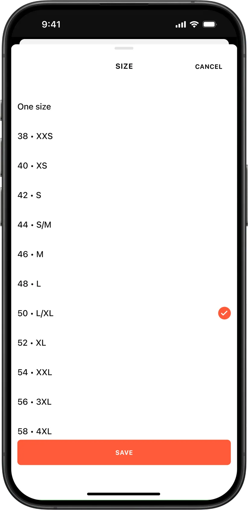 Size filter screen in the Tuff Stuff marketplace app, showing a bottom sheet with clothing size options from one size to 4XL and a selected size state.