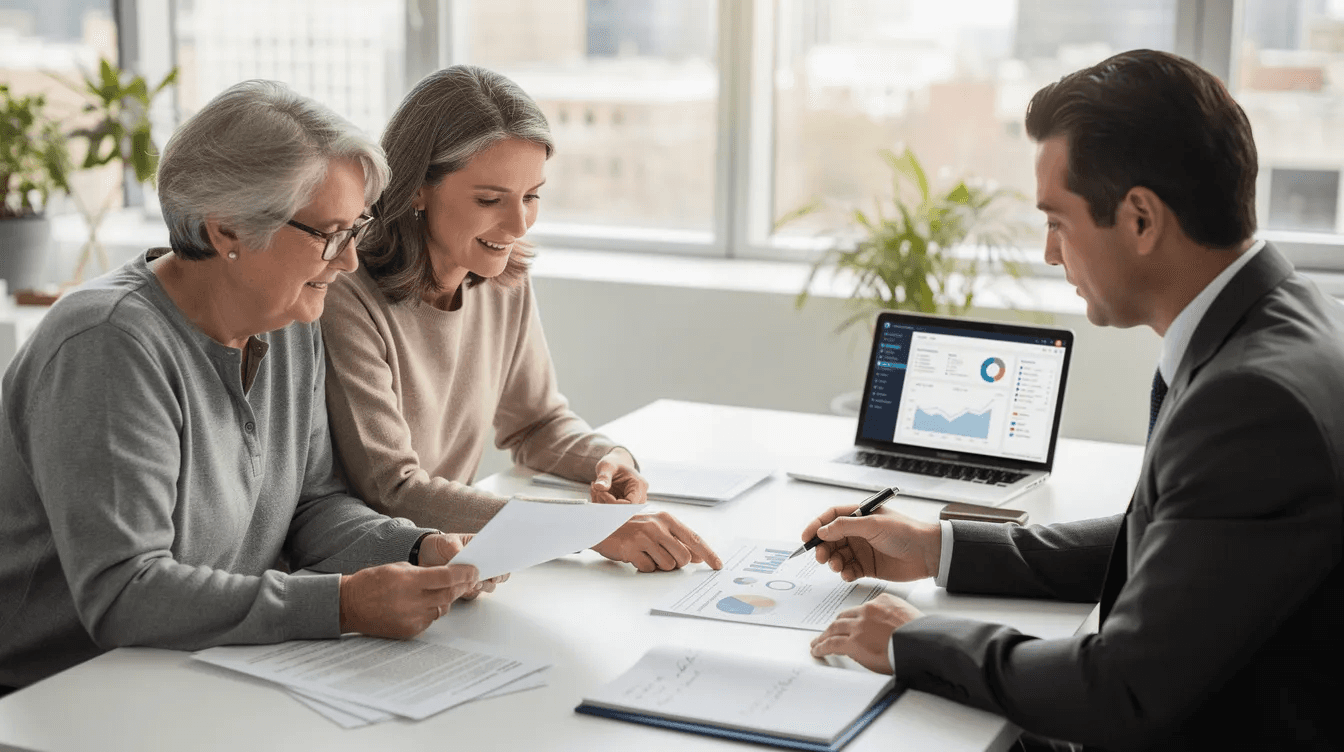 A mature couple is seated at a conference table, reviewing financial documents with a professional advisor in an office setting, discussing their retirement income strategy and investment options. The scene emphasizes the importance of retirement savings, including diversified investment portfolios and guaranteed income streams for their future financial security.