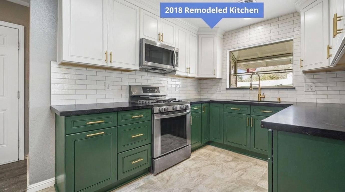 Two-tone kitchen with green lower cabinets and white uppers by AI