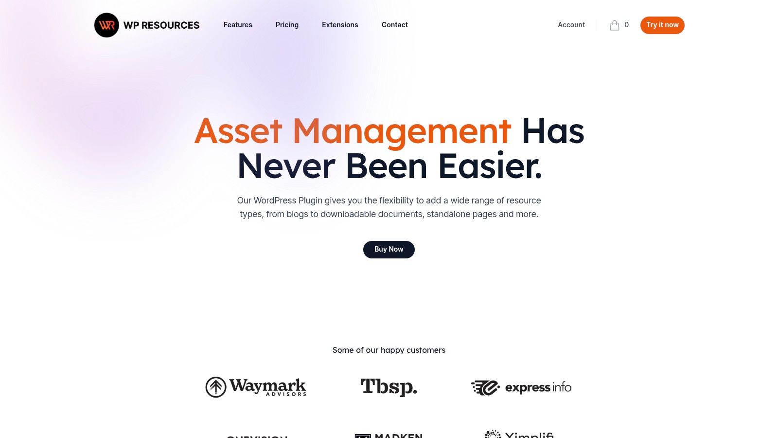 WP‑Resources.com landing page showcasing its plugin features for building a professional resource center on WordPress.
