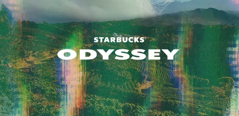 Starbucks Odyssey: Image shows a lush green landscape with the words "Starbucks Odyssey" overlaid. 