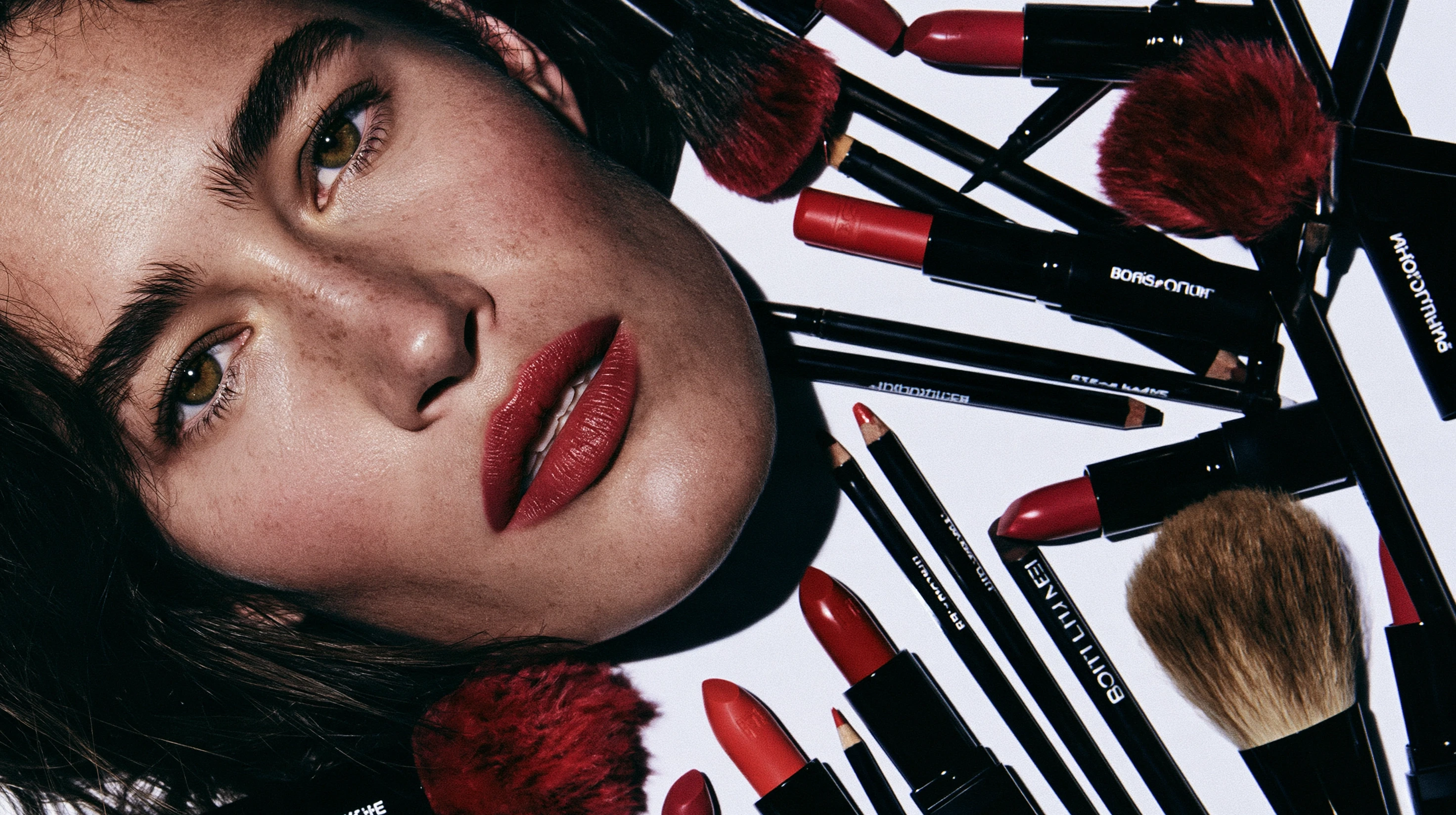 Woman with red lipstick beside black makeup packaging, pencils, and brushes on a light background.