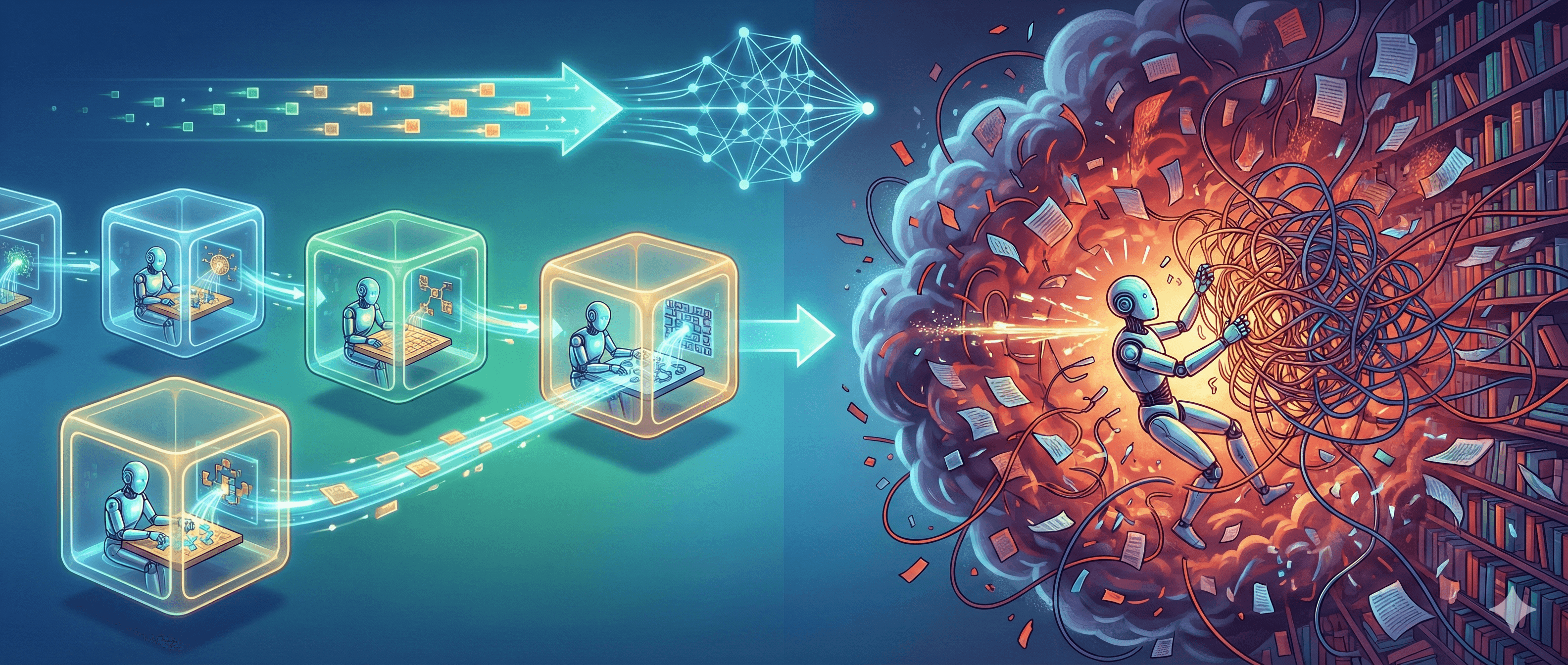 The image illustrates the concept of "Why Agents Benefit from Sandboxes Over Larger Contexts", depicting a sequence of digital sandbox environments with agents successfully completing tasks, juxtaposed against an overwhelming chaotic tangle of data and explosions in a larger context, highlighting efficiency in controlled settings.